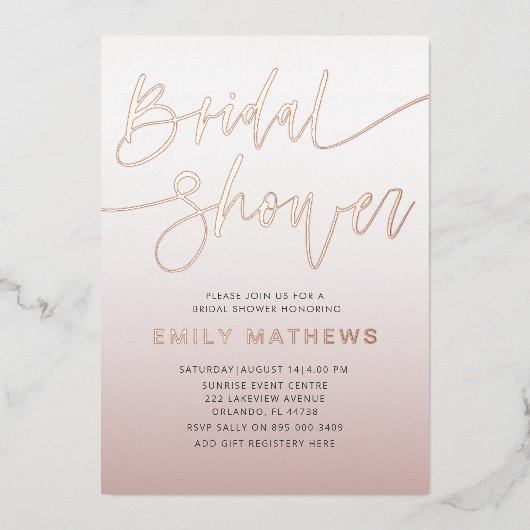 Elegante Roze Gouden Calligraphy Bruidsdouche  Folie Uitnodiging (Voorkant)