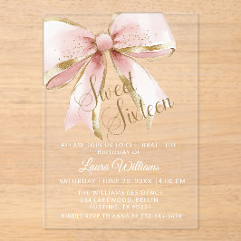 Elegante Roze & Gouden Coquette Strik Sweet 16 Acryl Uitnodigingen