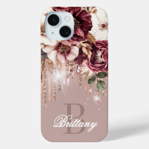 Elegante Roze Gouden Druppels Burgundy Bloem Initi iPhone 15 Case