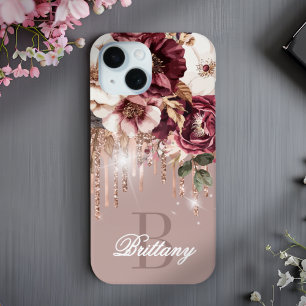 Elegante Roze Gouden Druppels Burgundy Bloem Monog iPhone 15 Case