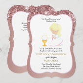 Elegante Roze Gouden Eerste Heilige Communie Uitno Kaart (Voorkant / Achterkant)