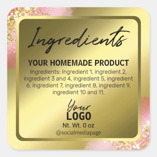 Elegante Roze Gouden Folie Glitter Ingrediëntenlab Vierkante Sticker (Voorkant)