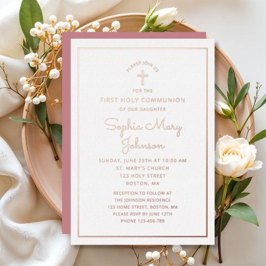 Elegante Roze Gouden Folie Script Roze Eerste Comm Uitnodiging