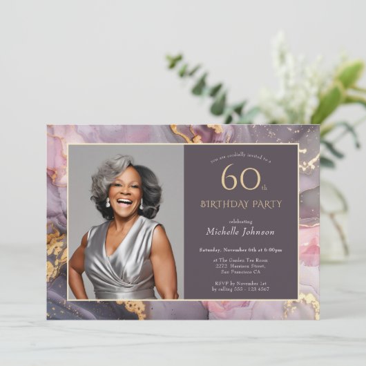 Elegante roze gouden foto 60e verjaardag kaart (Staand voorkant)
