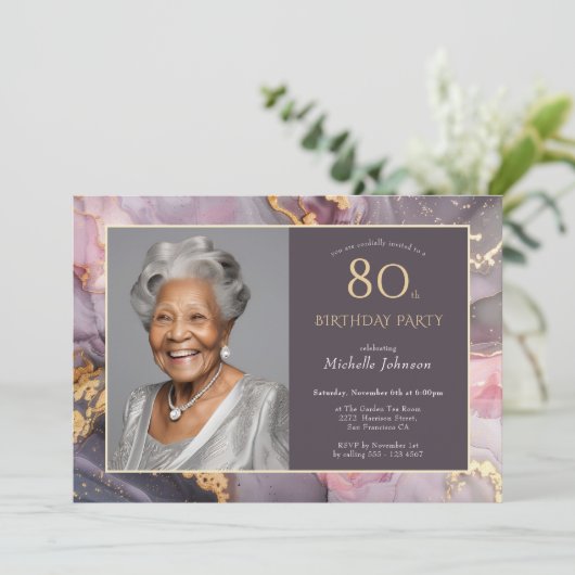 Elegante roze gouden foto 80e verjaardag kaart (Staand voorkant)
