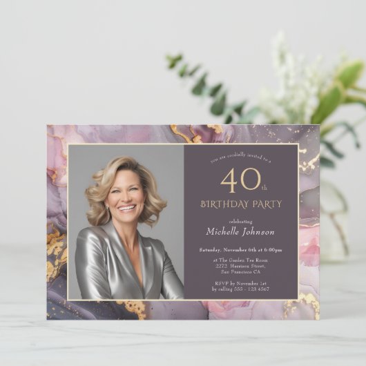 Elegante Roze Gouden Fotoagaat 40e Verjaardag Kaart (Staand voorkant)