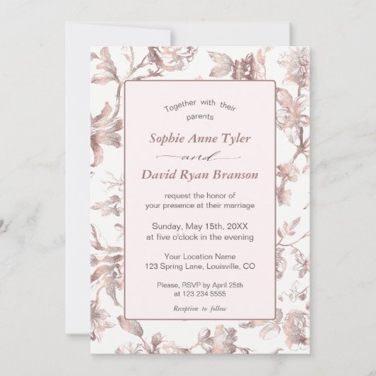 Elegante roze gouden Franse Toile bloemige bruilof Kaart (Voorkant)