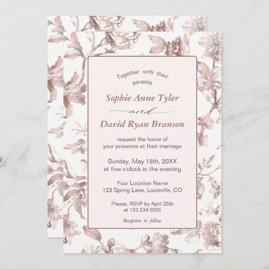 Elegante roze gouden Franse Toile bloemige bruilof Kaart (Voorkant / Achterkant)