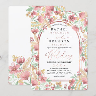 Elegante roze gouden gele bloemenboog bruiloft kaart