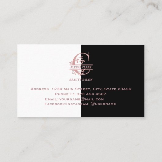 Elegante roze gouden gespleten aangepaste monogram visitekaartje (Achterkant)