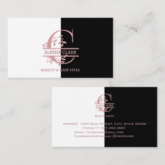 Elegante roze gouden gespleten aangepaste monogram visitekaartje (Voorkant / Achterkant)