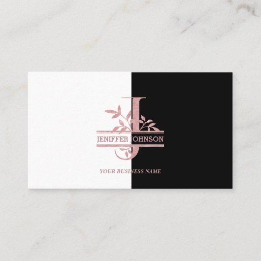 Elegante roze gouden gespleten aangepaste monogram visitekaartje (Voorkant)