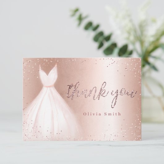 Elegante roze gouden glans roze jurk quinceañera bedankkaart (Staand voorkant)