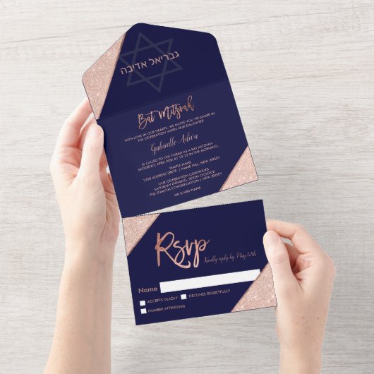Elegante roze gouden glinsterende marineblauwe Bat All In One Uitnodiging (Afscheurbaar)