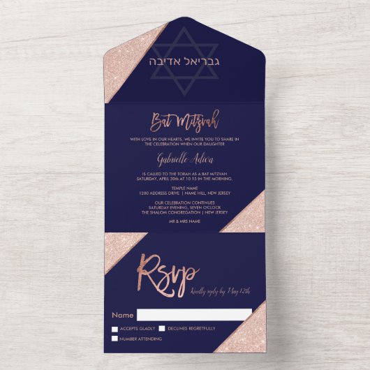 Elegante roze gouden glinsterende marineblauwe Bat All In One Uitnodiging (Binnen)