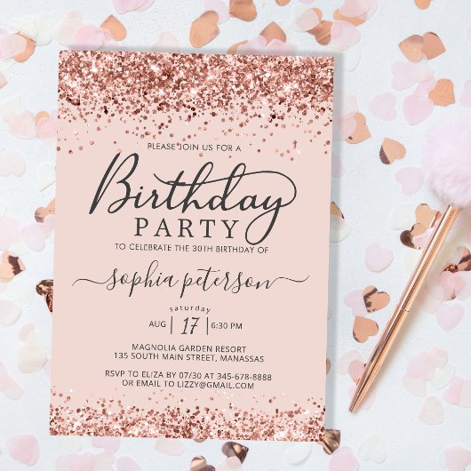 Elegante Roze Gouden Glitter Blozende Verjaardag v Kaart