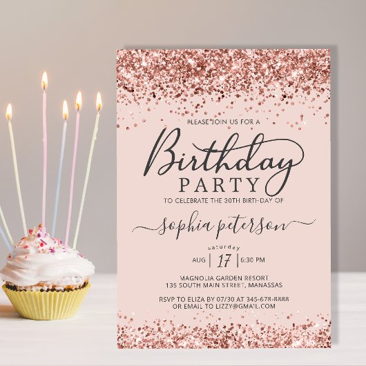 Elegante Roze Gouden Glitter Blozende Verjaardag v Kaart