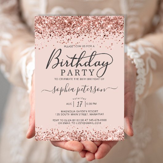 Elegante Roze Gouden Glitter Blozende Verjaardag v Kaart