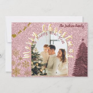 Elegante Roze Gouden Glitter Boog Foto Feestdagenkaart