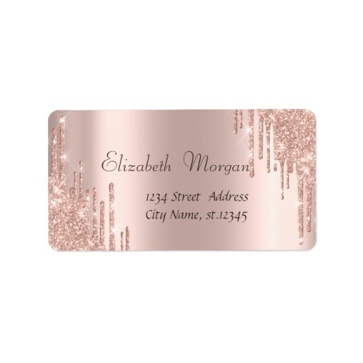 Elegante Roze Gouden Glitter Druppels Etiket (Voorkant)