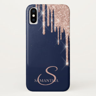 Elegante Roze Gouden Glitter Druppels,Marineblauw Case-Mate iPhone Case