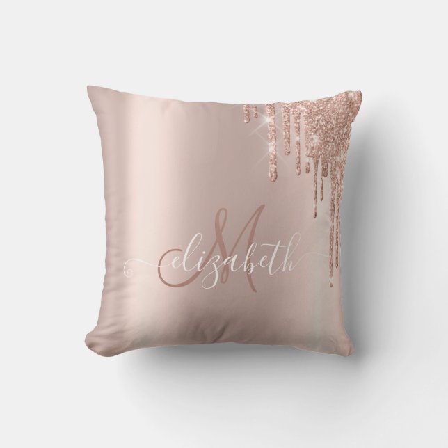 Elegante Roze Gouden Glitter Druppels Monogram Kussen (Voorkant)
