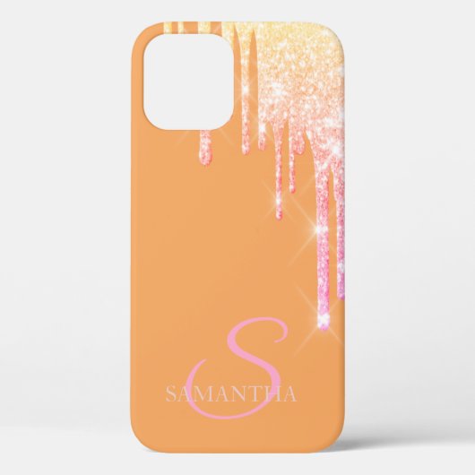 Elegante Roze Gouden Glitter Druppels Oranje Case-Mate iPhone Case (Achterkant)