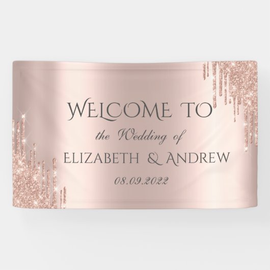 Elegante Roze Gouden Glitter Druppels Spandoek (Horizontaal)