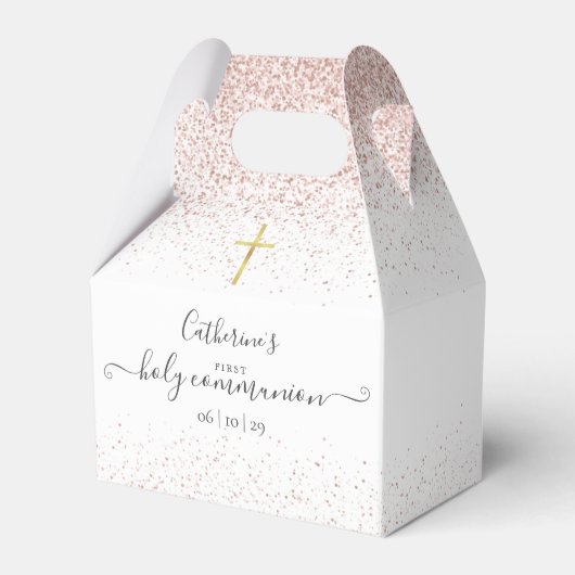 Elegante Roze Gouden Glitter Eerste Heilige Commun Bedankdoosjes (Voorkant Zijde)