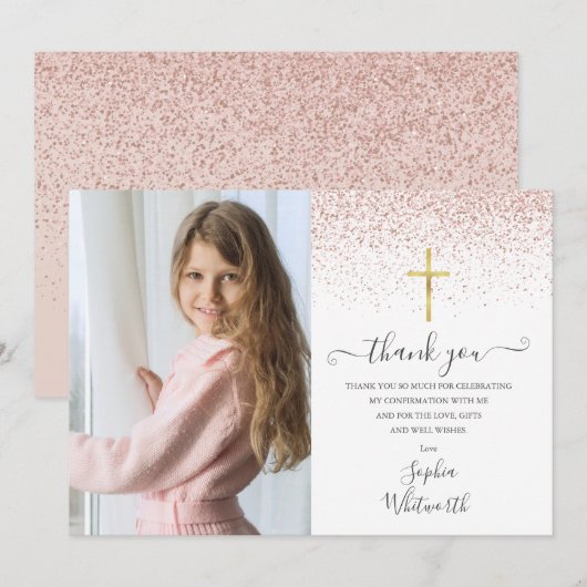 Elegante Roze Gouden Glitter Foto Bevestiging Bedankkaart (Voorkant / Achterkant)