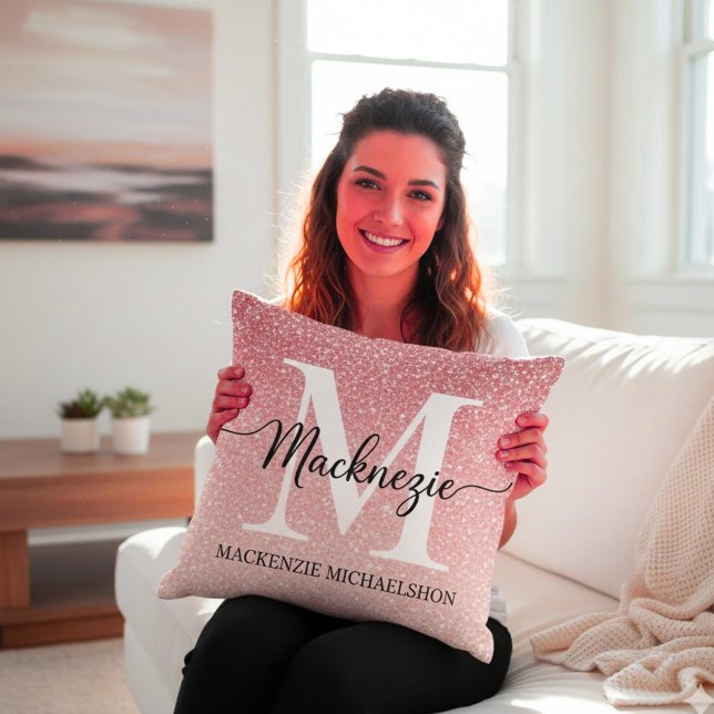 Elegante Roze Gouden Glitter Gradiënt Monogram Naa Kussen (Creator heeft geüpload)