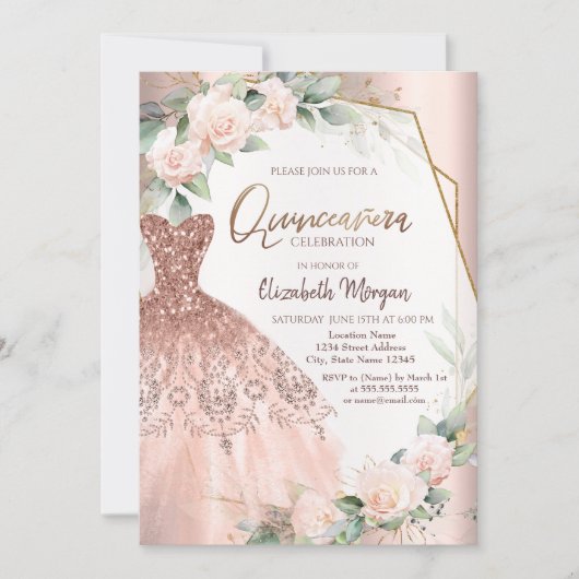 Elegante Roze Gouden Glitter Jurk Rozen Quinceañer Kaart (Voorkant)
