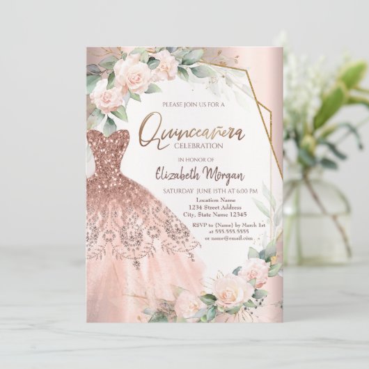 Elegante Roze Gouden Glitter Jurk Rozen Quinceañer Kaart (Staand voorkant)