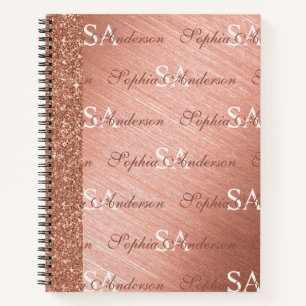 Elegante Roze Gouden Glitter Metaal Monogrammed Notitieboek