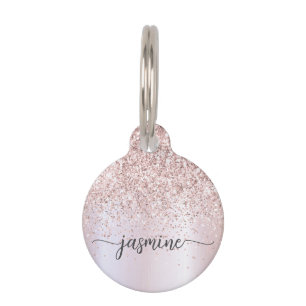 Elegante Roze Gouden Glitter Monogram Naam Schrift Huisdierpenning