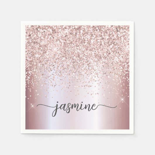 Elegante Roze Gouden Glitter Monogram Naam Schrift Servet (Voorkant)