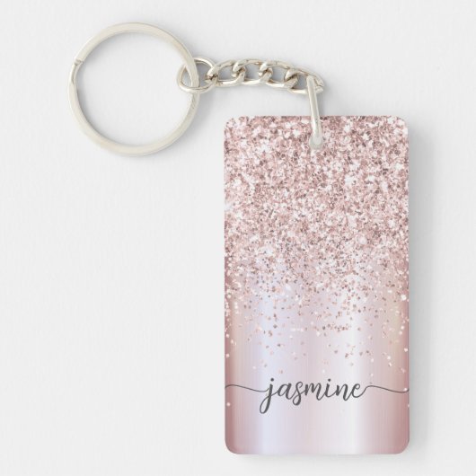 Elegante Roze Gouden Glitter Monogram Naam Schrift Sleutelhanger (Voorkant)