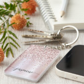 Elegante Roze Gouden Glitter Monogram Naam Script Sleutelhanger (Voorkant Rechts)