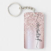 Elegante Roze Gouden Glitter Monogram Naam Script Sleutelhanger (Voorkant)