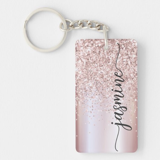 Elegante Roze Gouden Glitter Monogram Naam Script  Sleutelhanger (Voorkant)