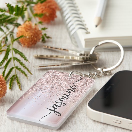 Elegante Roze Gouden Glitter Monogram Naam Script Sleutelhanger (Voorkant Rechts)