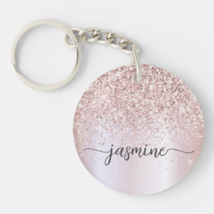 Elegante Roze Gouden Glitter Monogram Naam Script Sleutelhanger
