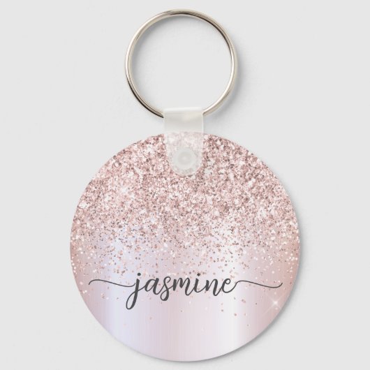 Elegante Roze Gouden Glitter Monogram Naam Script Sleutelhanger (Voorkant)