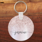 Elegante Roze Gouden Glitter Monogram Naam Script Sleutelhanger (Voorkant)