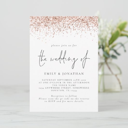 Elegante Roze Gouden Glitter QR Code Trouwen Kaart (Staand voorkant)