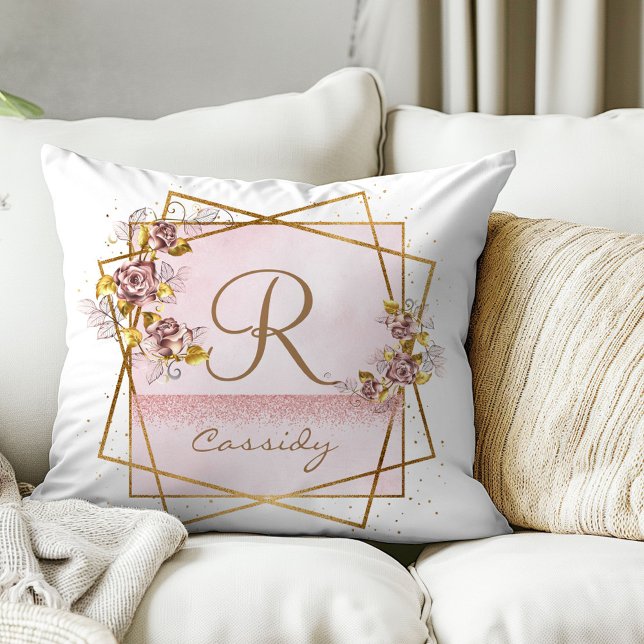 Elegante Roze Gouden Glitter Roos Monogram Kussen (Creator heeft geüpload)