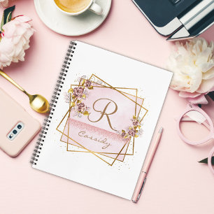 Elegante Roze Gouden Glitter Roos Monogram Notitieboek