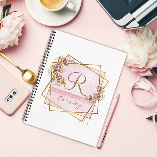 Elegante Roze Gouden Glitter Roos Monogram Notitieboek
