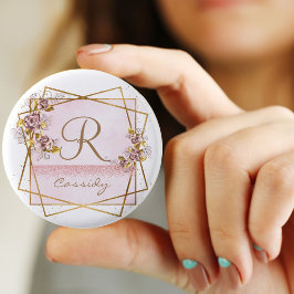 Elegante Roze Gouden Glitter Roos Monogram Ronde Button 3,2 Cm
