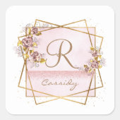 Elegante Roze Gouden Glitter Roos Monogram  Vierkante Sticker (Voorkant)